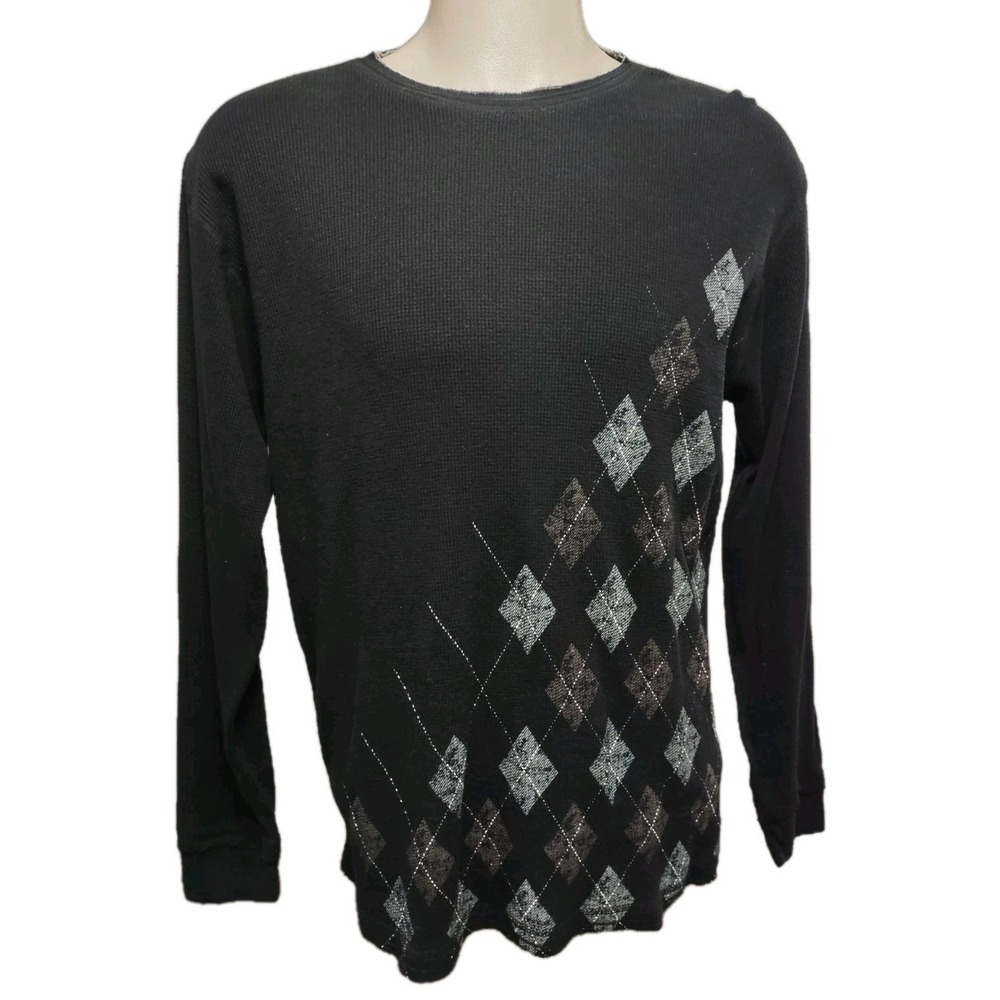 Point Zero Waffle Thermal Top Men's Large Long Sleeve Argyle Design Black Cotton